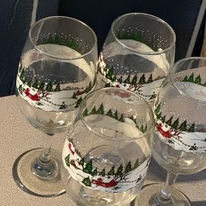 4 Vintage Libbey Winter Christmas Snow Scene Water Wine Goblets 12 oz 7.5” Tall